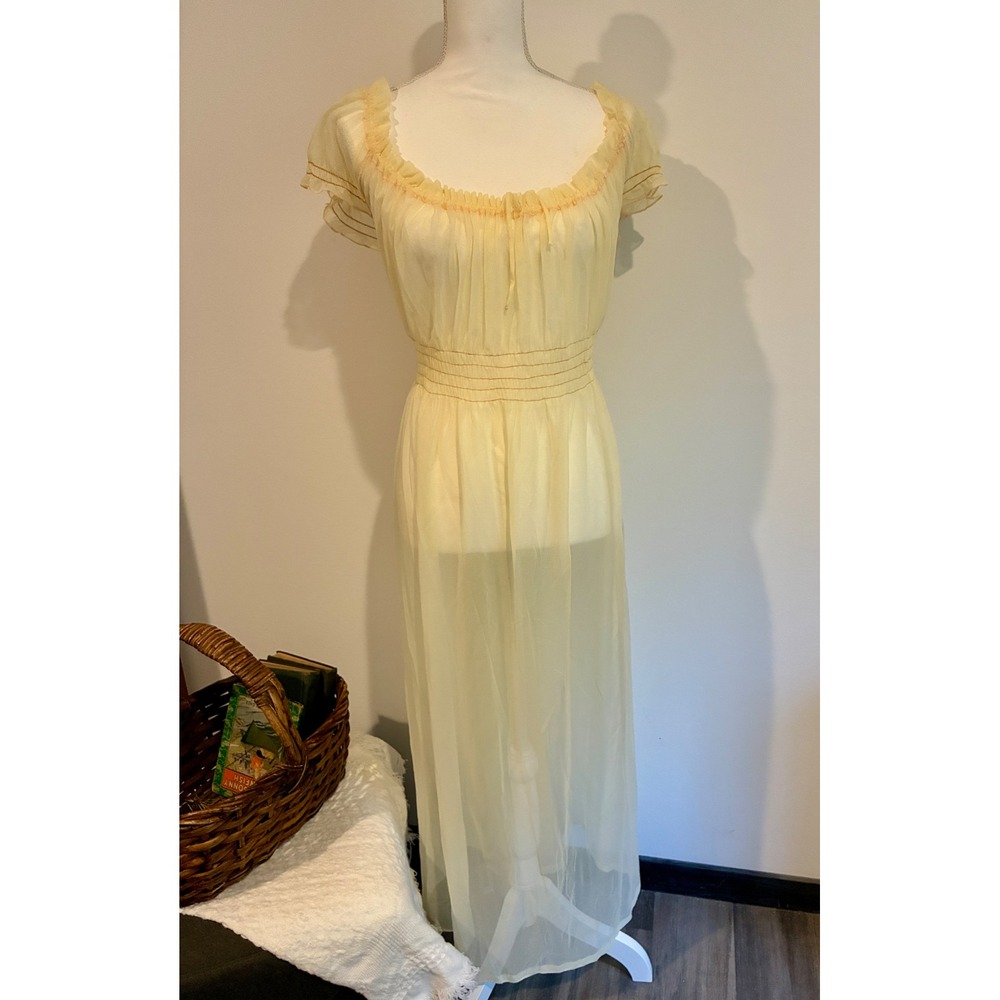 Vintage 60s 70s Sheer Yellow Nightgown Maxi Ruffle Flutter Sleeve Romantic L/XL